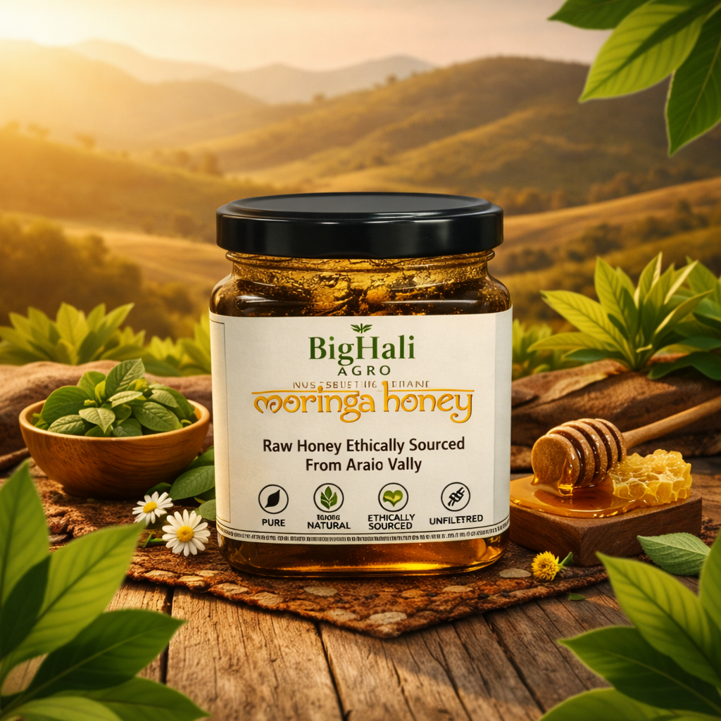 Jar of BigHali Agro Moringa honey with a scenic background