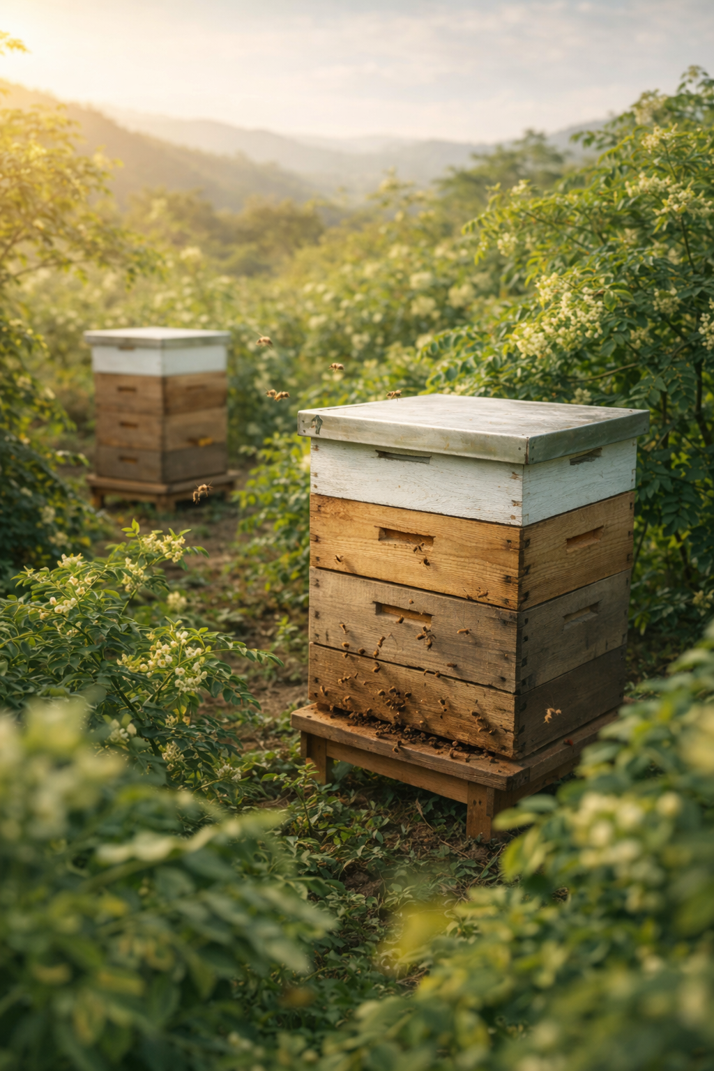 Two wooden beehives in a natural setting with greenery and mountains in the background.