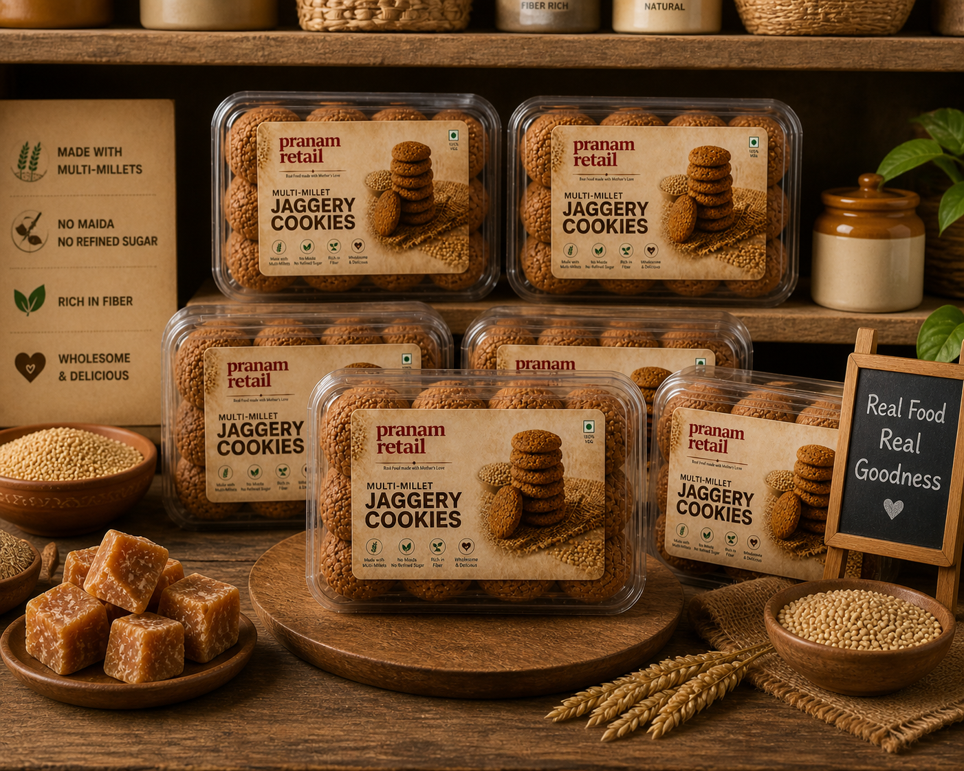 Pranam Retail Jaggery Cookies packaging on a wooden shelf with jaggery and wheat.