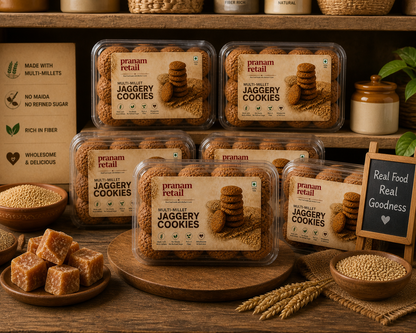 Pranam Retail Jaggery Cookies packaging on a wooden shelf with jaggery and wheat.