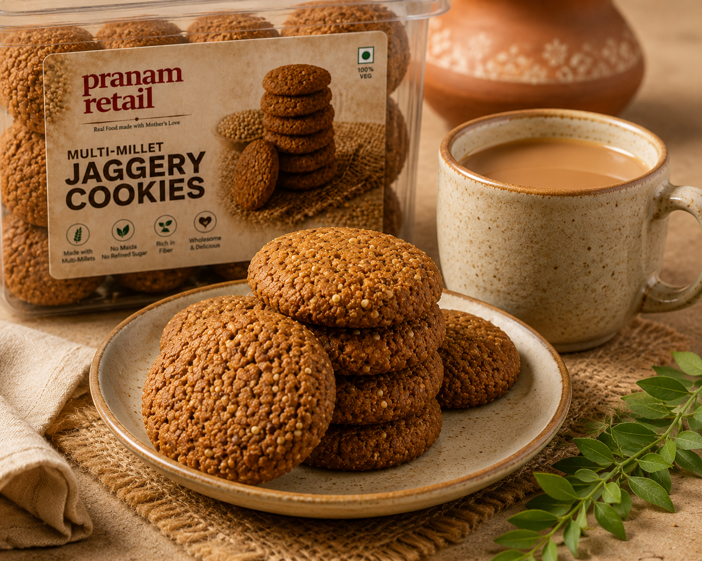 Pranam Multi-Millet Jaggery Cookies with a cup of tea 