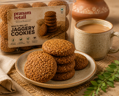 Pranam Multi-Millet Jaggery Cookies with a cup of tea 