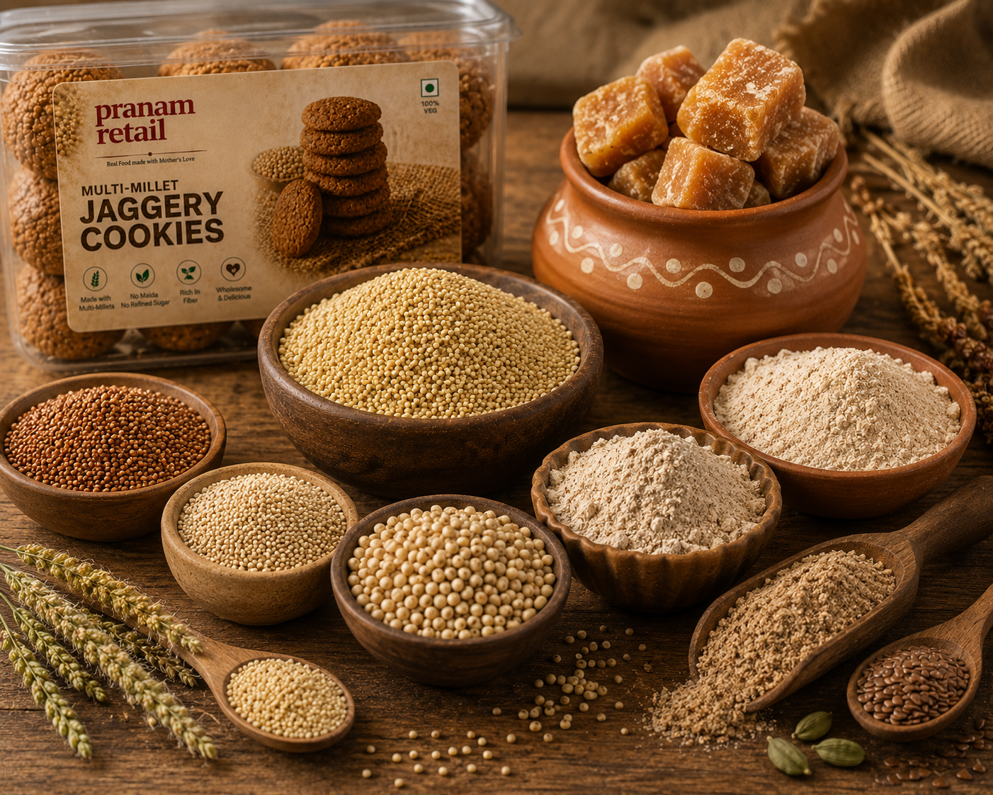 Assorted jaggery products including cookies, jaggery, and grains on a wooden surface with Pranam Retail packaging.