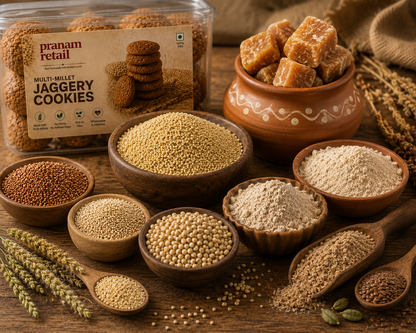 Assorted jaggery products including cookies, jaggery, and grains on a wooden surface with Pranam Retail packaging.