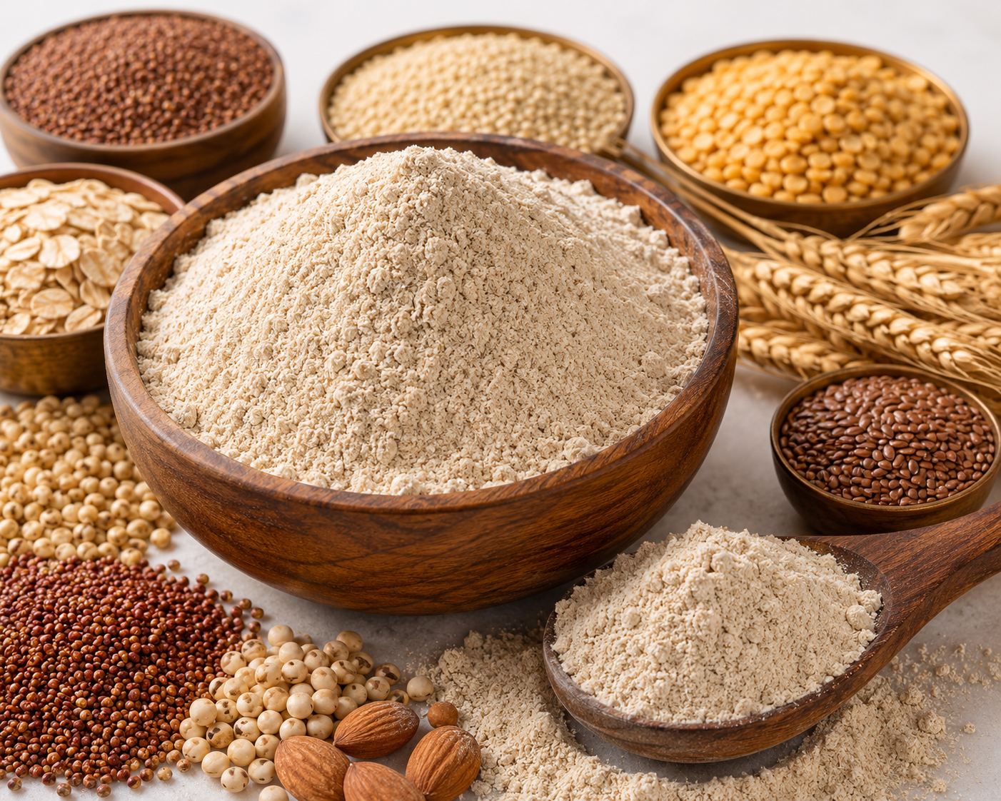 Wooden bowl filled with a powdery substance surrounded by various seeds and grains on a light background