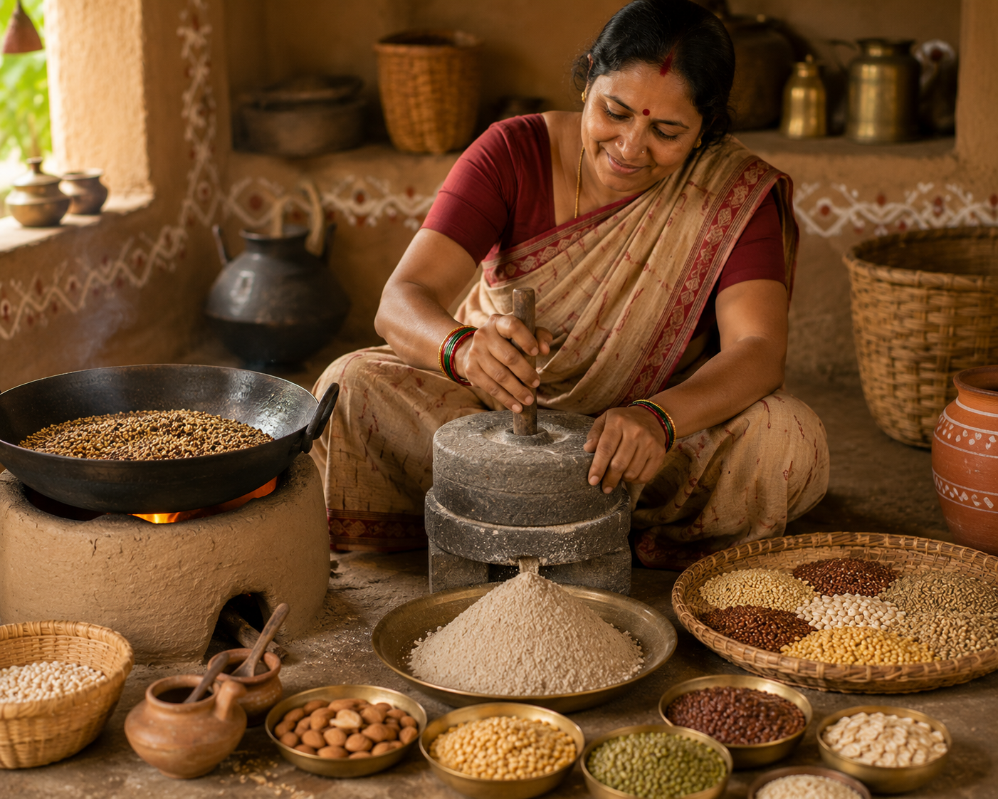 Woman in traditional attire using a stone grinder with various grains and seeds around her.