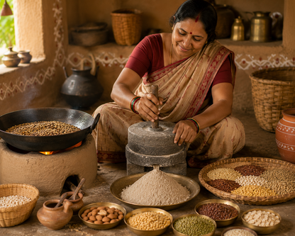 Woman in traditional attire using a stone grinder with various grains and seeds around her.