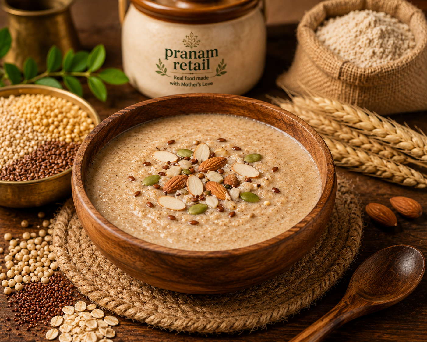Wooden bowl of oatmeal with nuts and seeds on a rustic background with 'pranam retail' jar.
