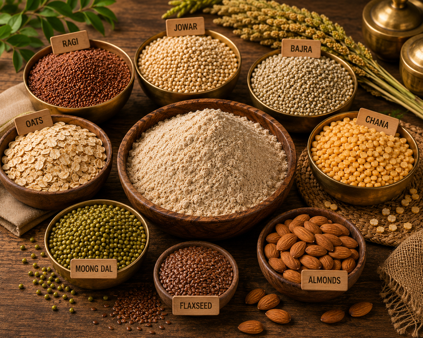 Assorted grains and seeds in wooden bowls on a wooden surface with labels.
