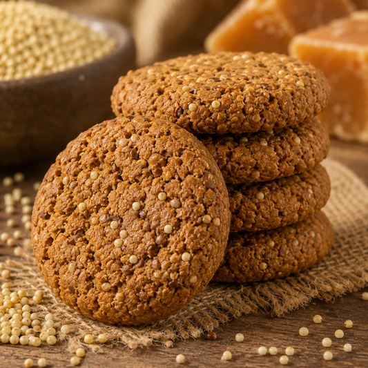 Stack of brown cookies on a wooden surface with grains around