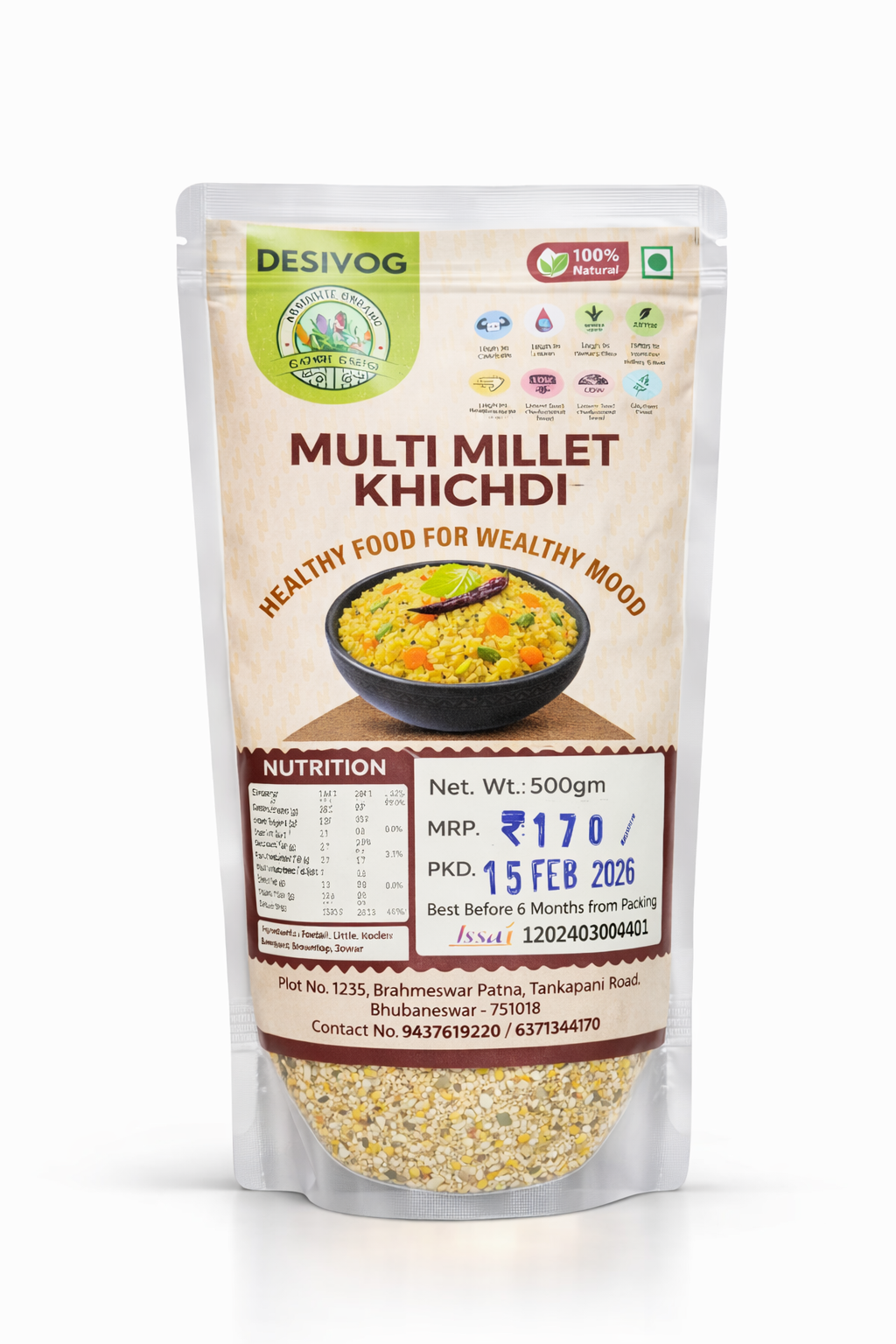 Package of Desivog Multi Millet Khichdi on a white background