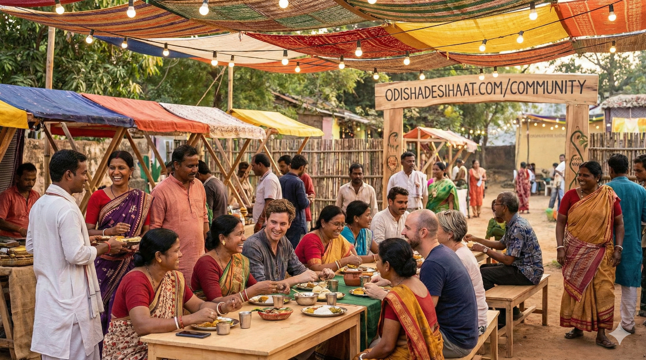 Group of people dining together under a colorful canopy with 'Odishadesihaat' sign in the background.