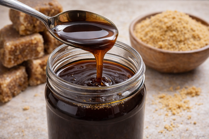 Jar of dark liquid with a spoon dripping into it, surrounded by brown sugar cubes and a bowl of brown sugar.