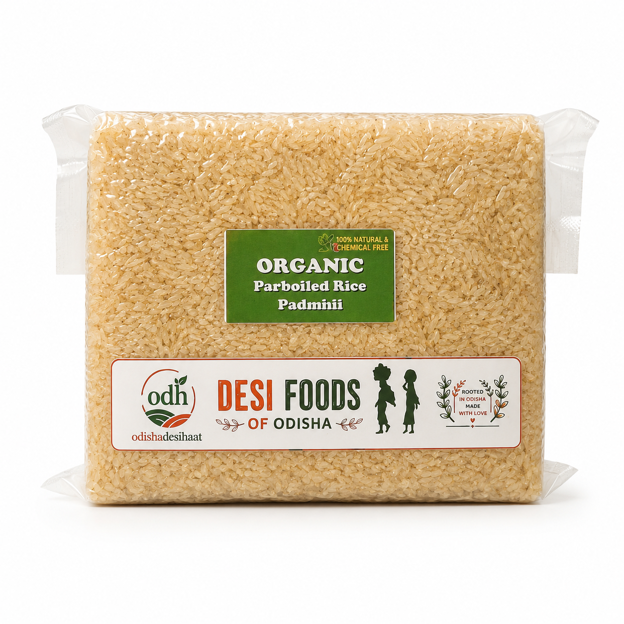 Packaged organic parboiled rice with Desi Foods of Odisha label on a white background