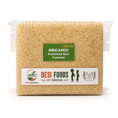 Packaged organic parboiled rice with Desi Foods of Odisha label on a white background