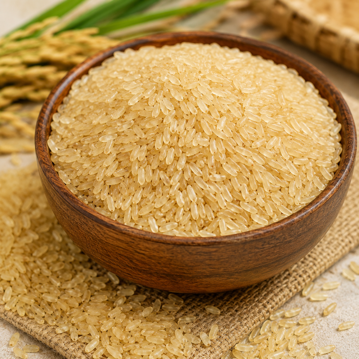 Wooden bowl filled with uncooked brown rice on a textured surface.