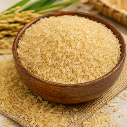Wooden bowl filled with uncooked brown rice on a textured surface.