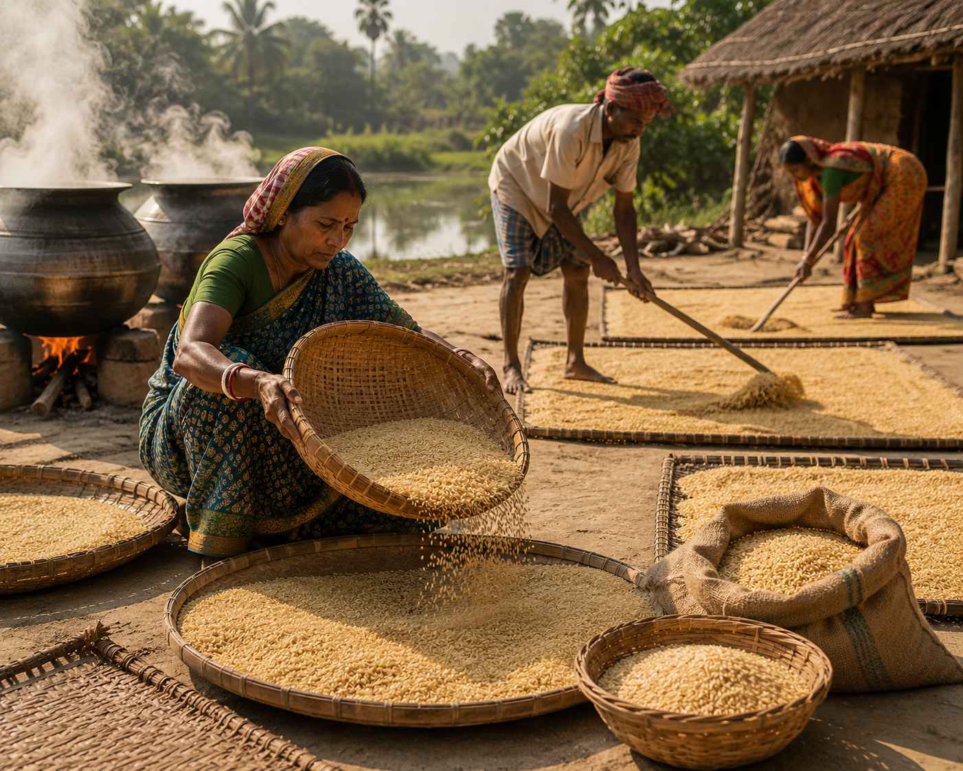 People processing rice outdoors near a body of water.