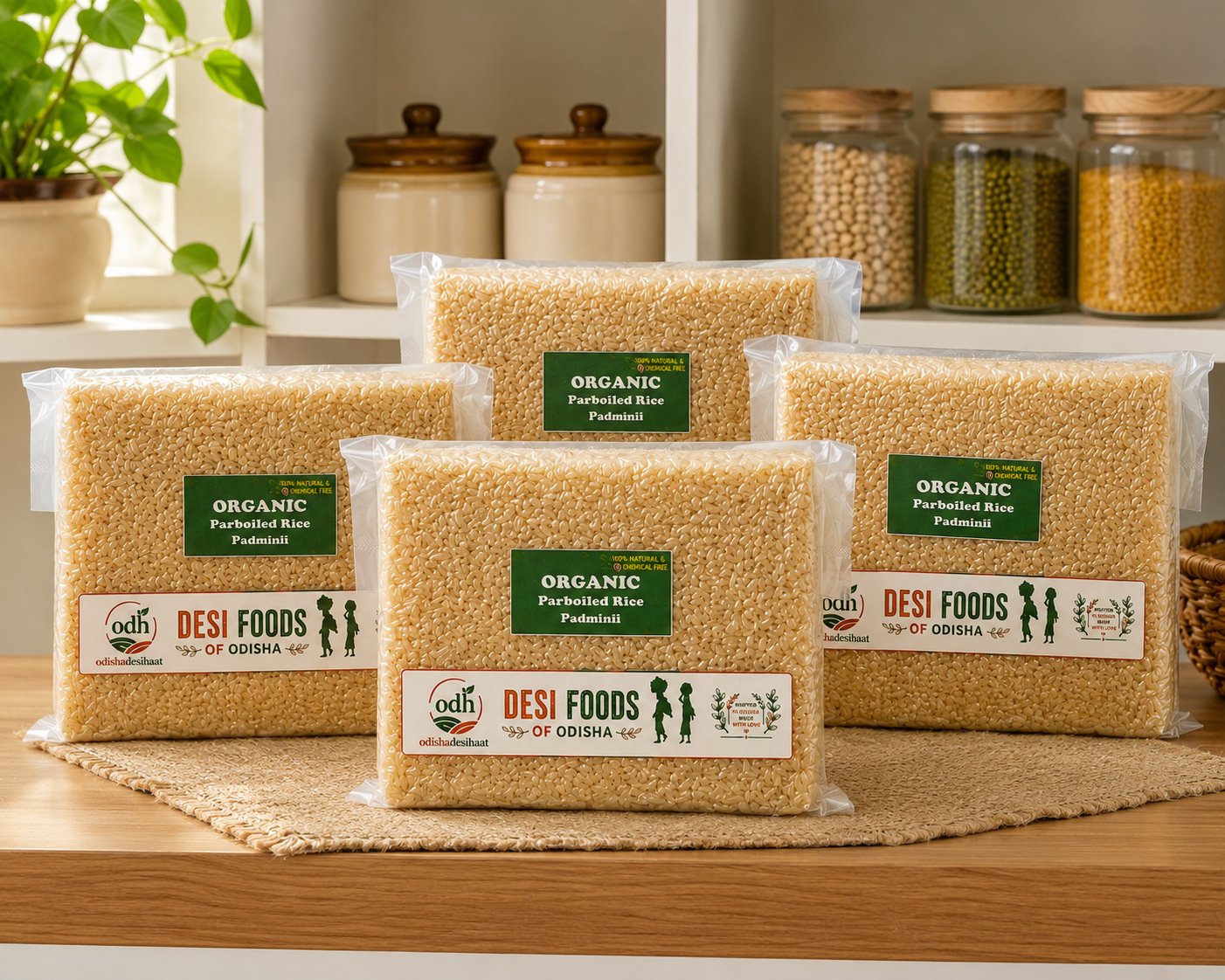 Plastic bags of organic parboiled rice from Desi Foods on a wooden surface with jars in the background.