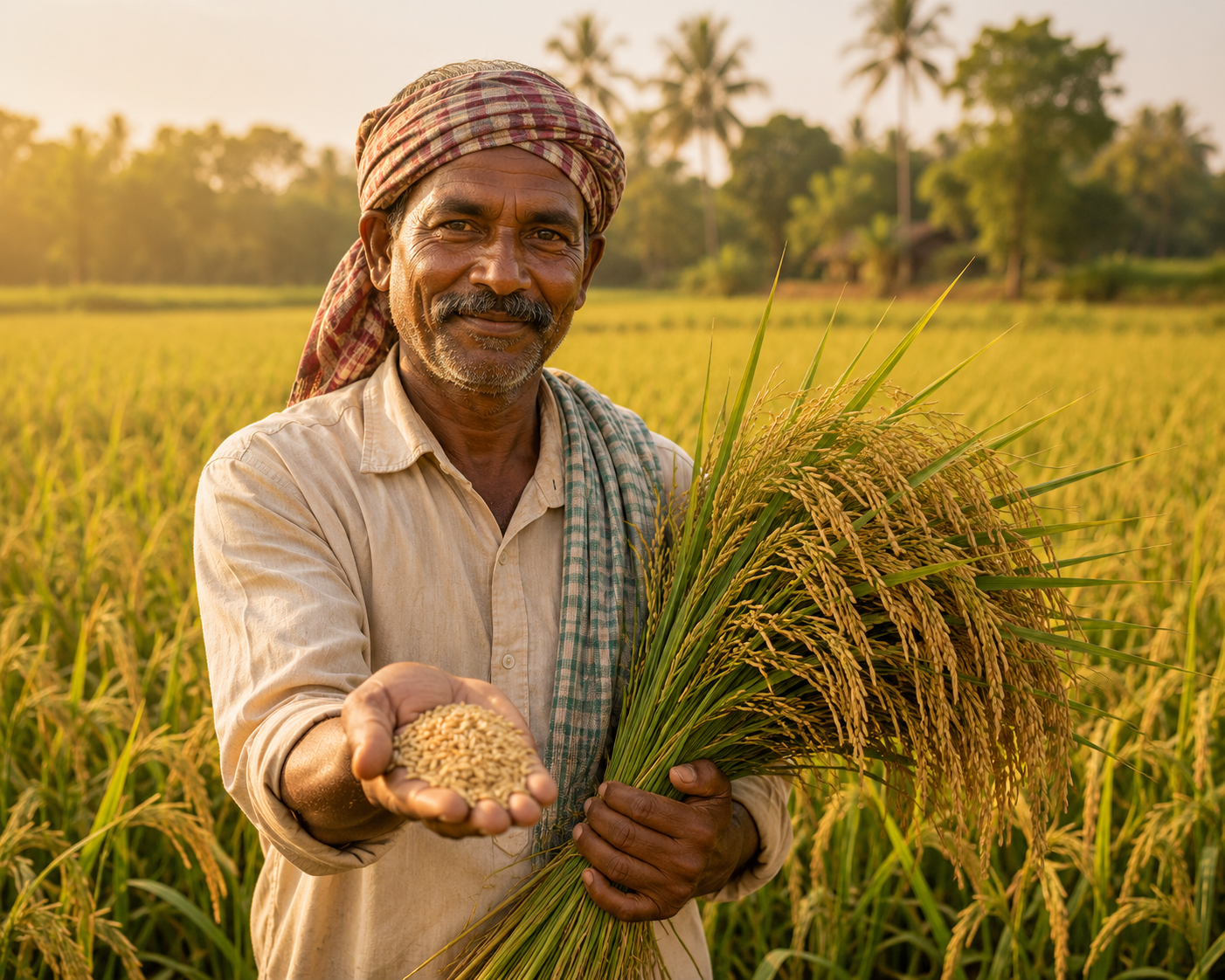 Man holding rice plants and grains in a field