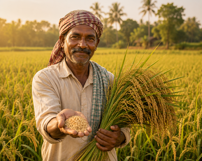 Man holding rice plants and grains in a field