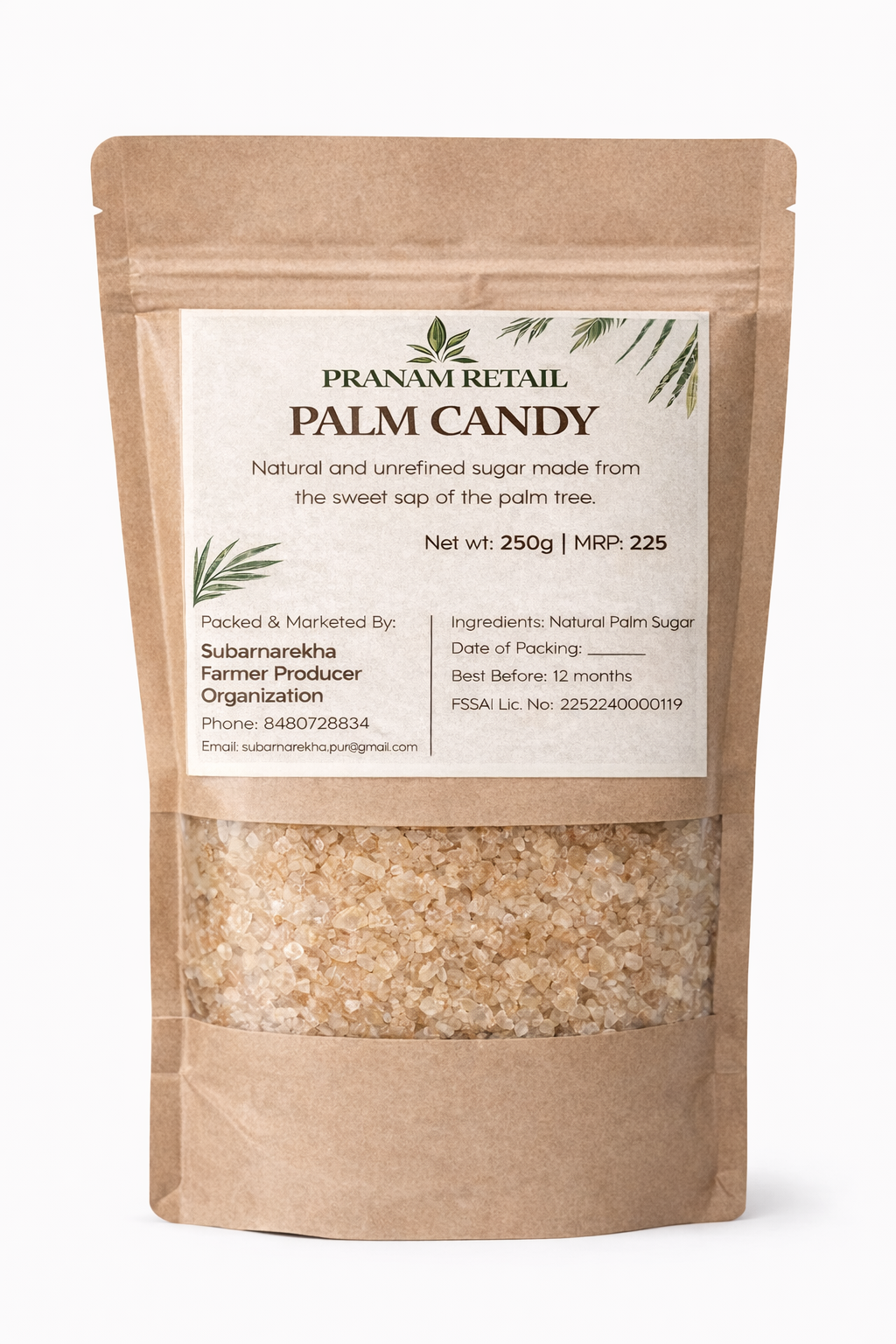 Palm candy package with a label on a white background