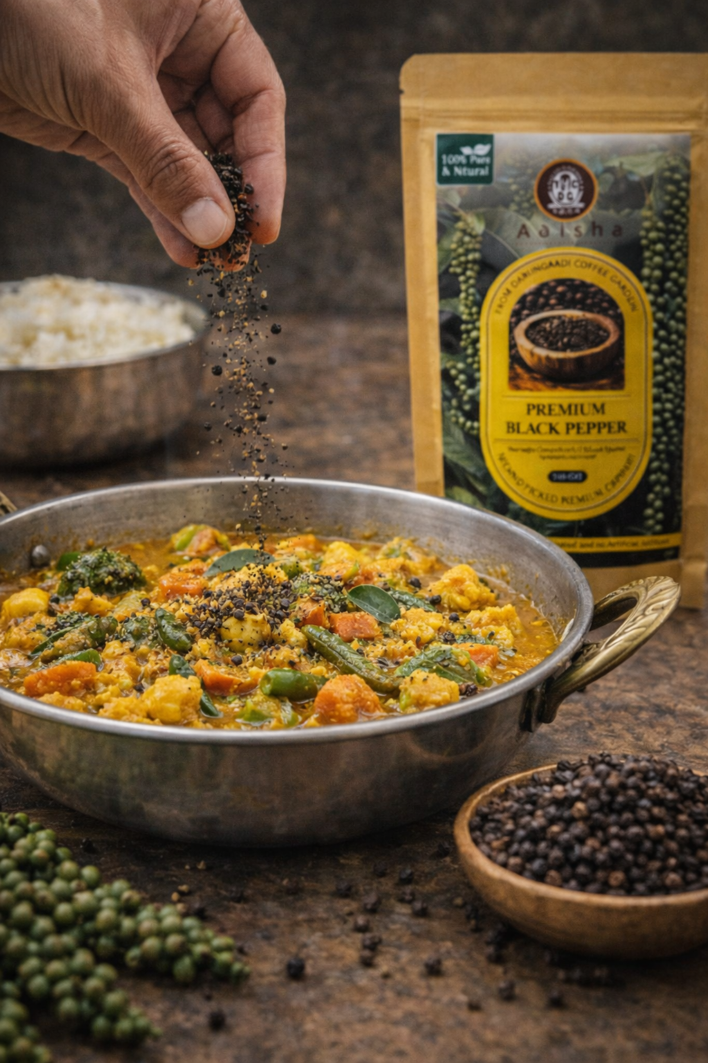 Hand sprinkling black pepper over a dish with a package of black pepper in the background.