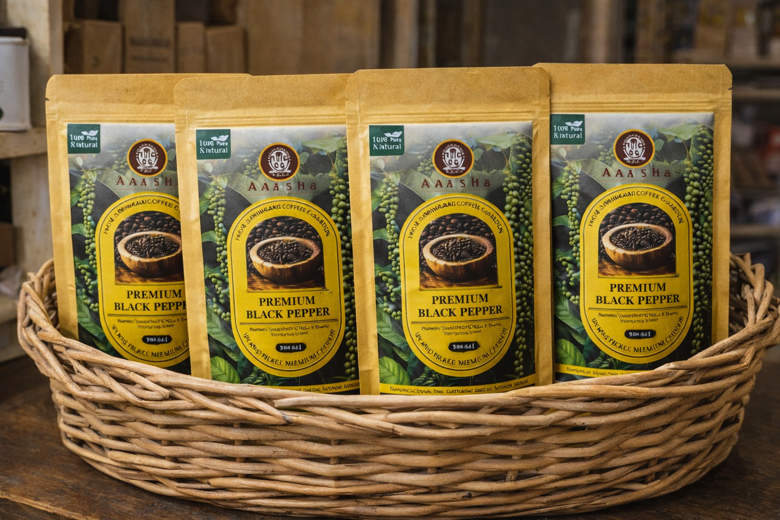 Four packages of premium black pepper in a woven basket with a blurred background.