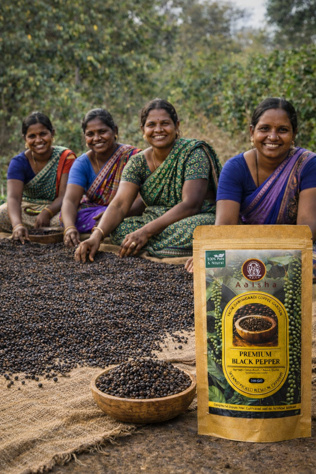 Four women sorting black pepper with a bag of Apsley Premium Black Pepper in the foreground.