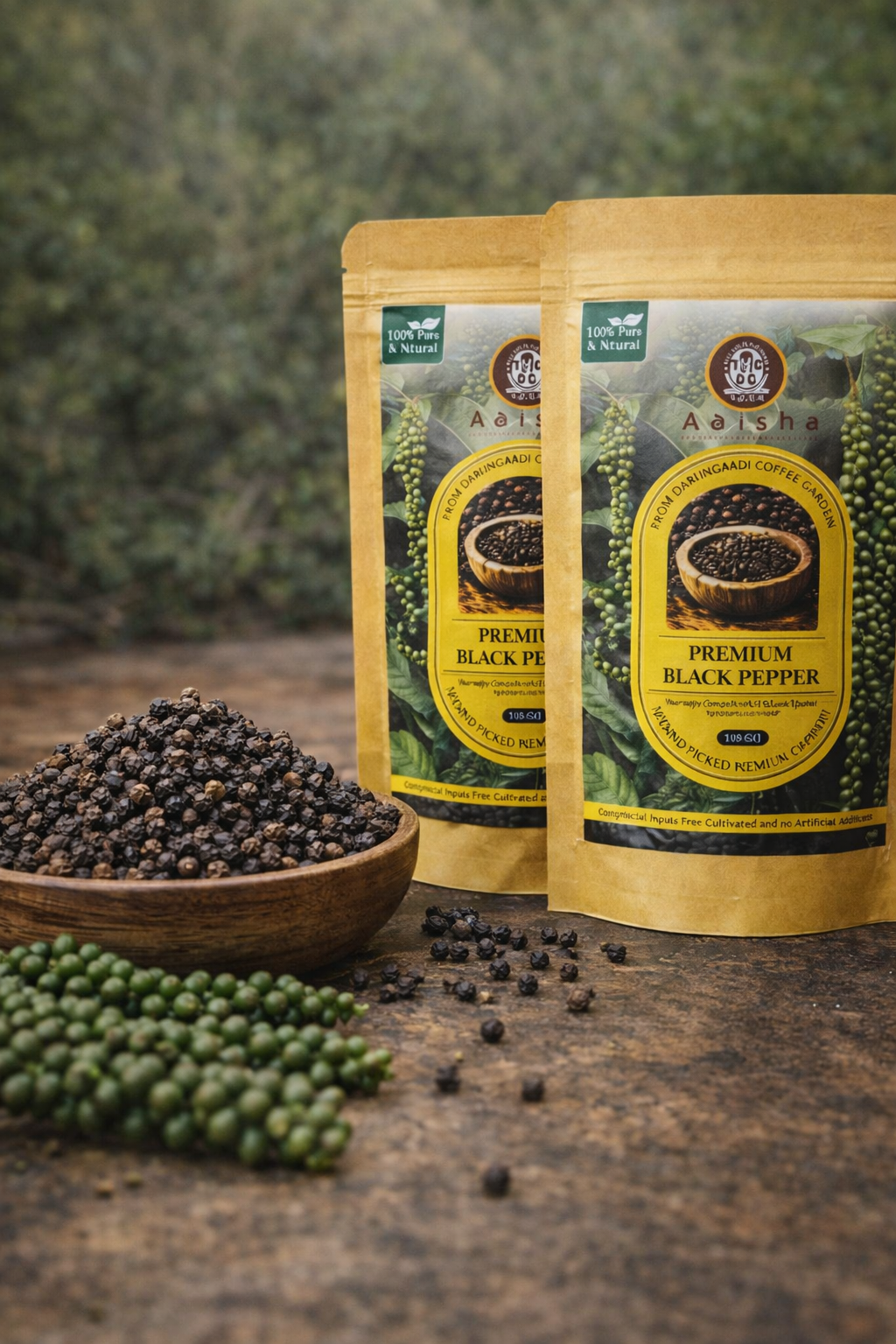 Two packages of Alisha Premium Black Pepper on a wooden surface with pepper grains around.