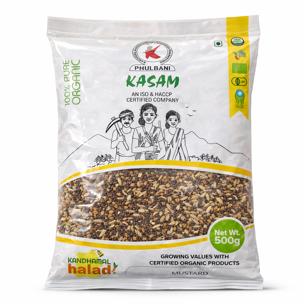 Phulbani Kasam organic mustard package on a white background