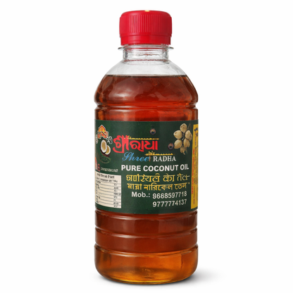 Bottle of pure coconut oil with a red cap on a white background