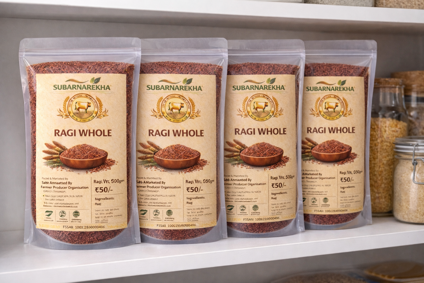 Four packages of Subarnarekha Ragi Whole on a shelf with other food items.