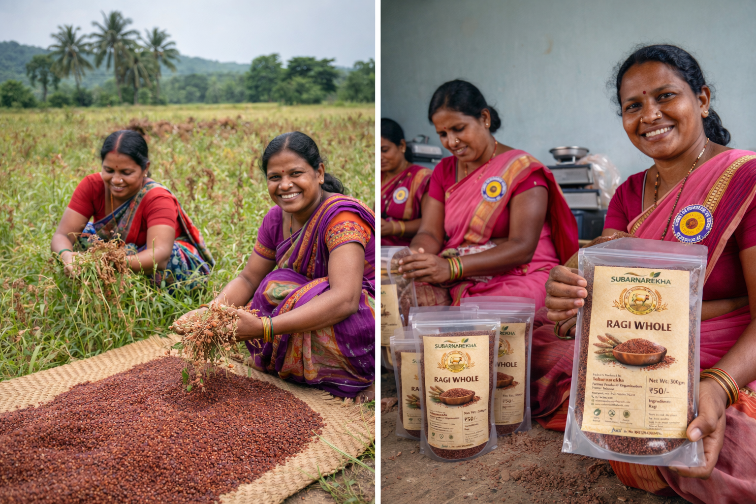 Two images showing women in a field and at a table with Ragi Whole products.
