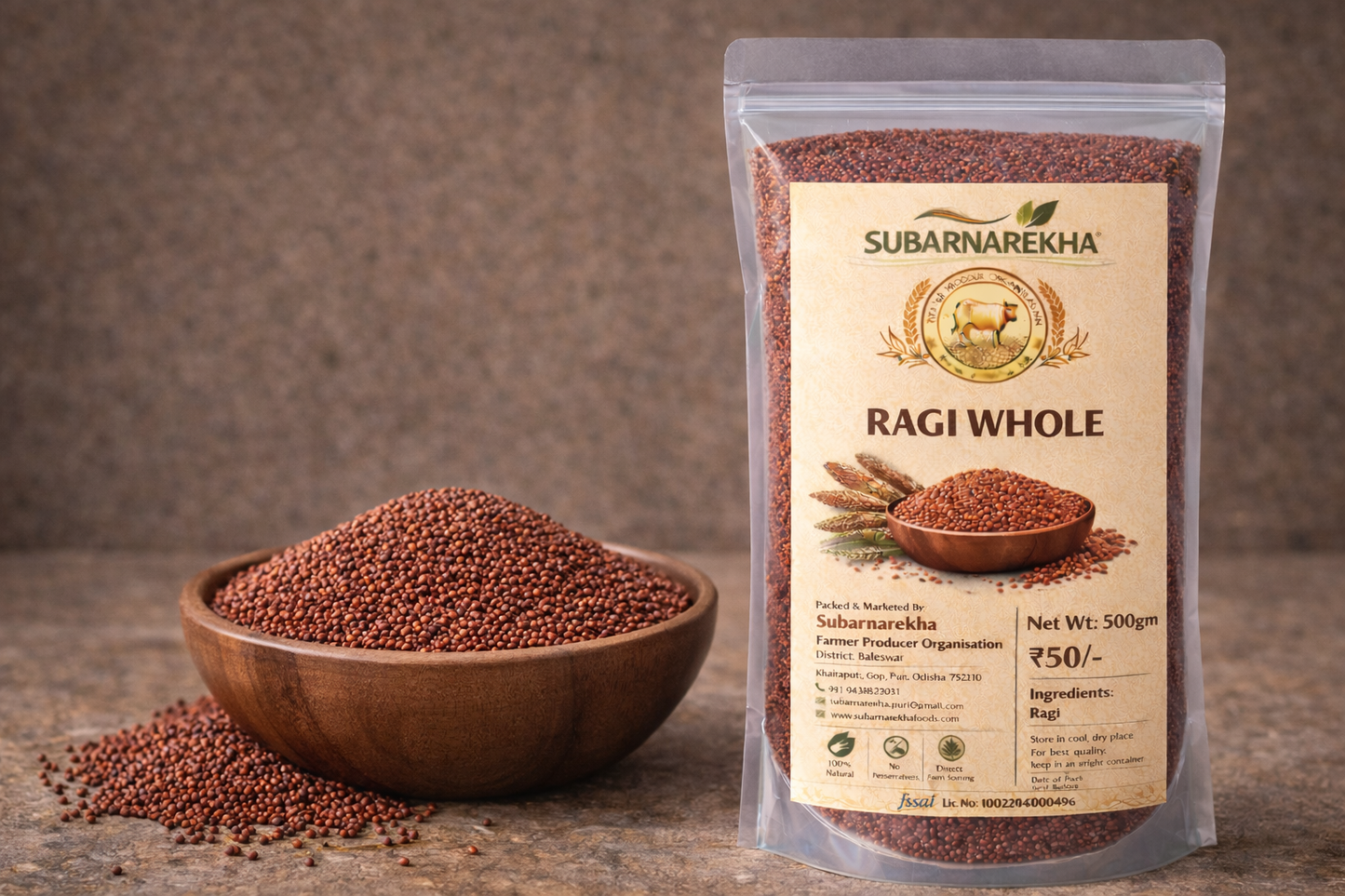 Packaged Ragi Whole with a wooden bowl of Ragi on a brown background