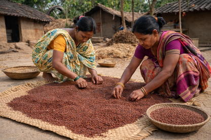 Two women sorting through dried beans on a mat outdoors.