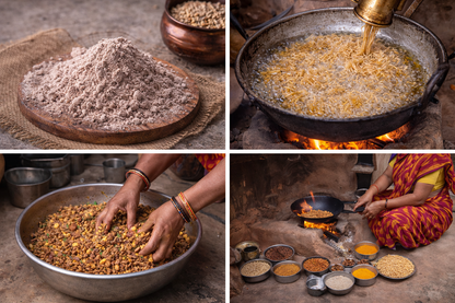 Collage of four images showing the process of cooking food in a pan with ingredients.