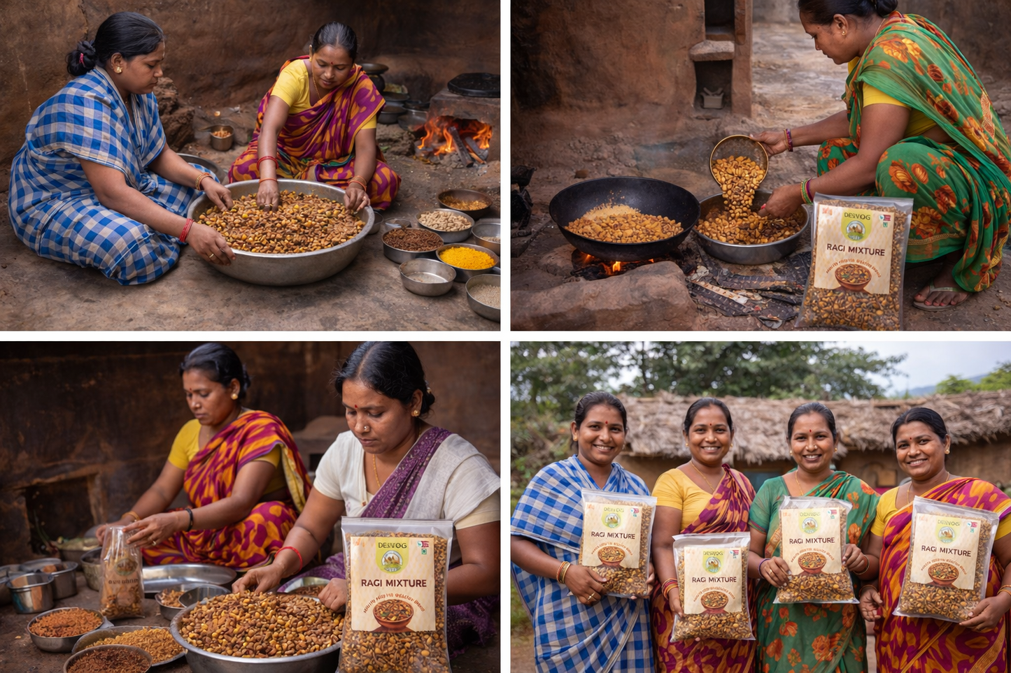 Collage of women processing and packaging spices in a traditional setting.