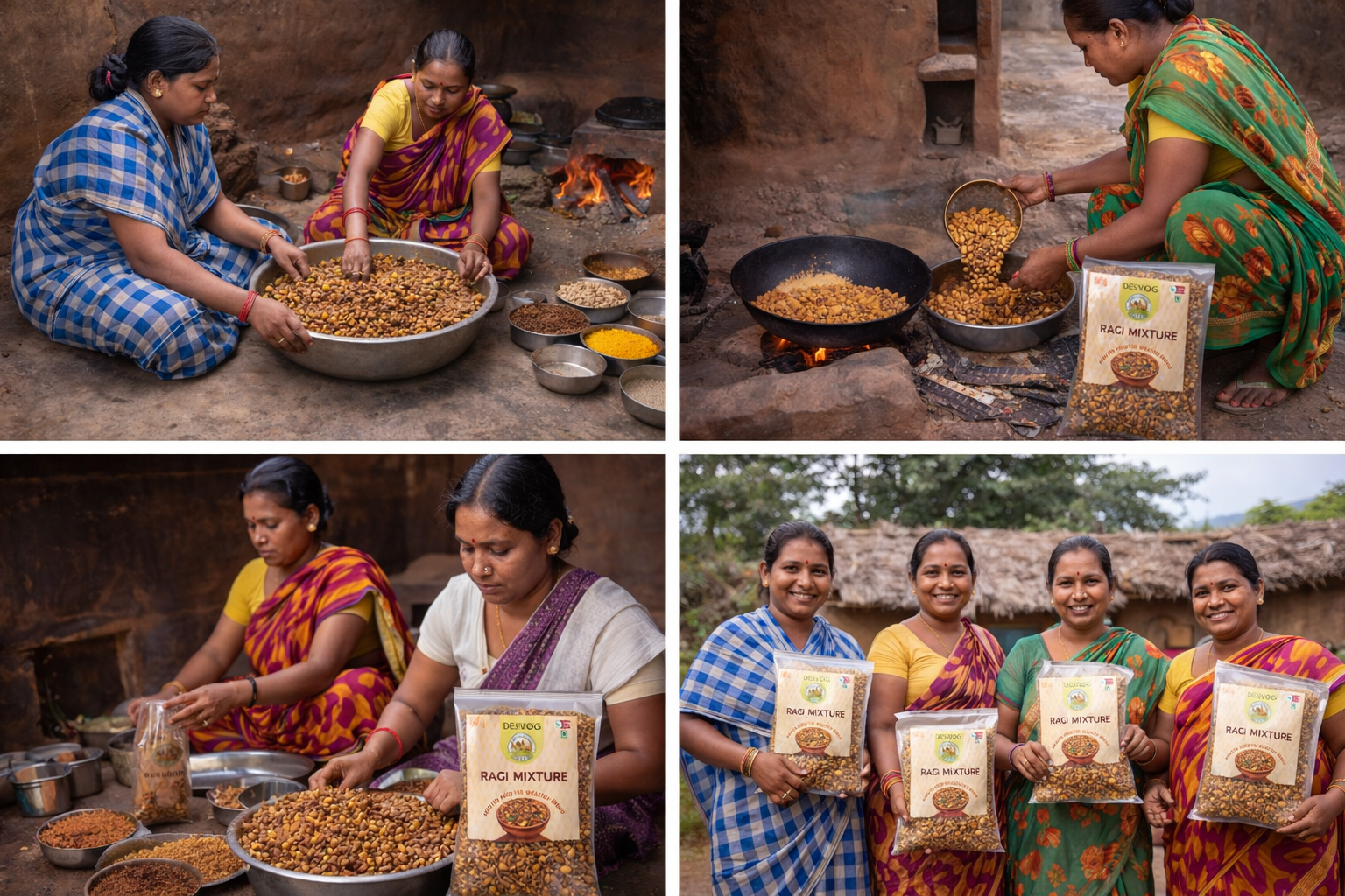 Collage of women processing and packaging spices in a traditional setting.