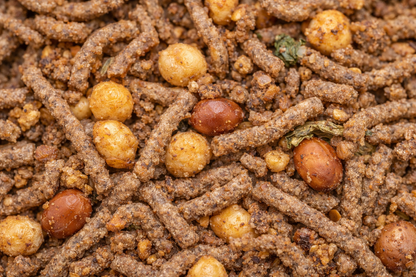 Close-up of a mixture of brown and beige grains and beans