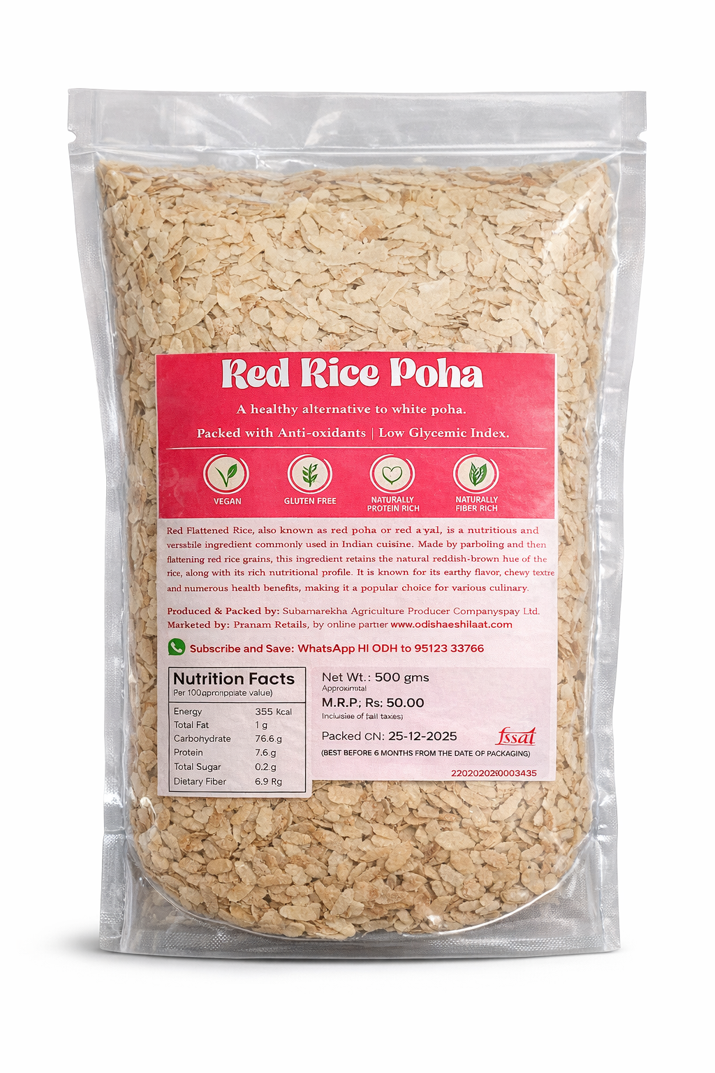 Packaged Red Rice Poha with a clear front view