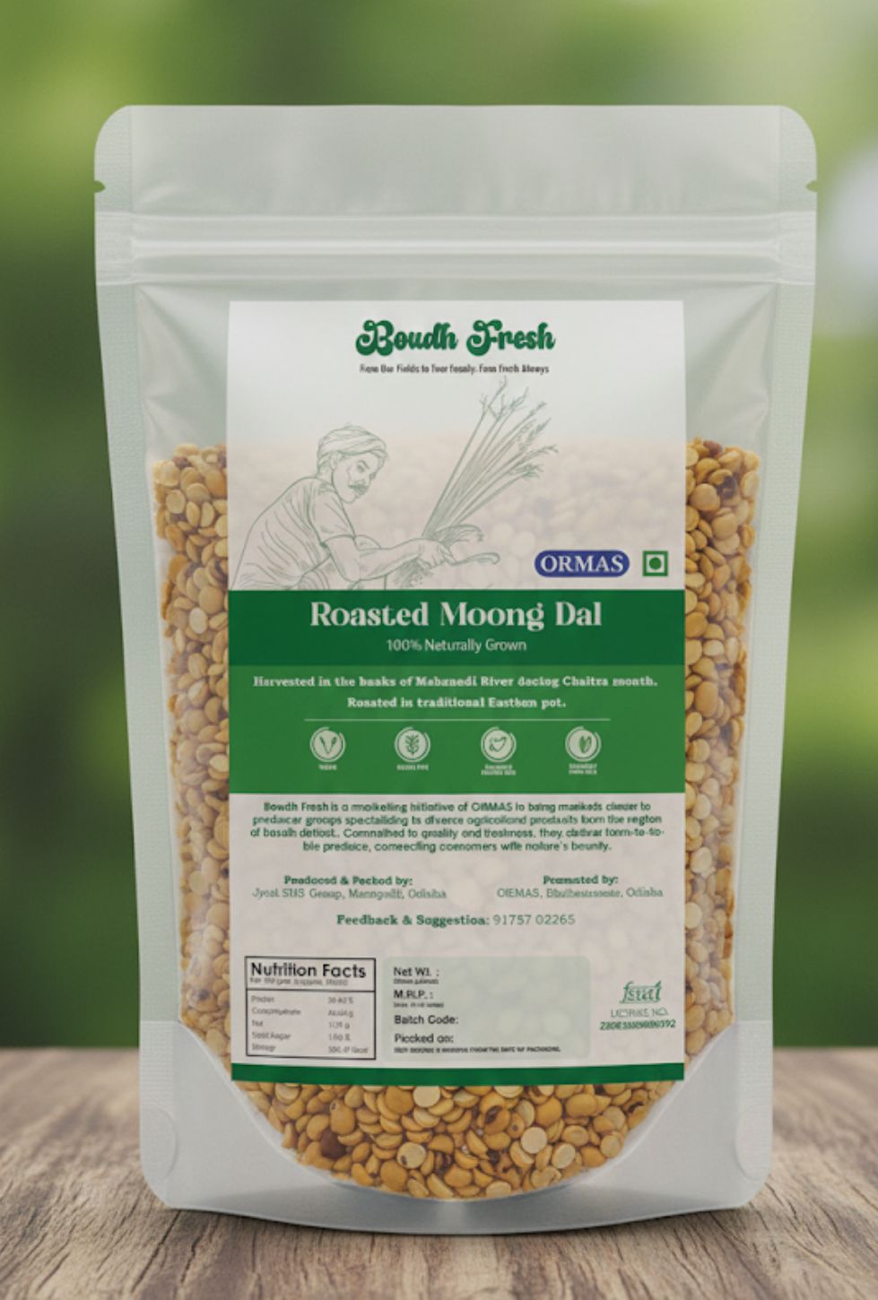 Package of Roasted Moong Dal with a green label on a wooden surface
