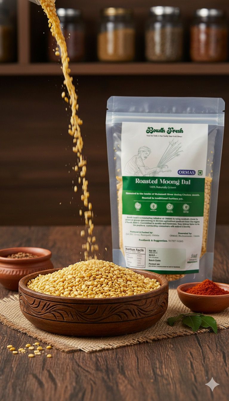 Spilled raw moong dal in a wooden bowl with a package labeled 'Dhuli Fresh' in the background.