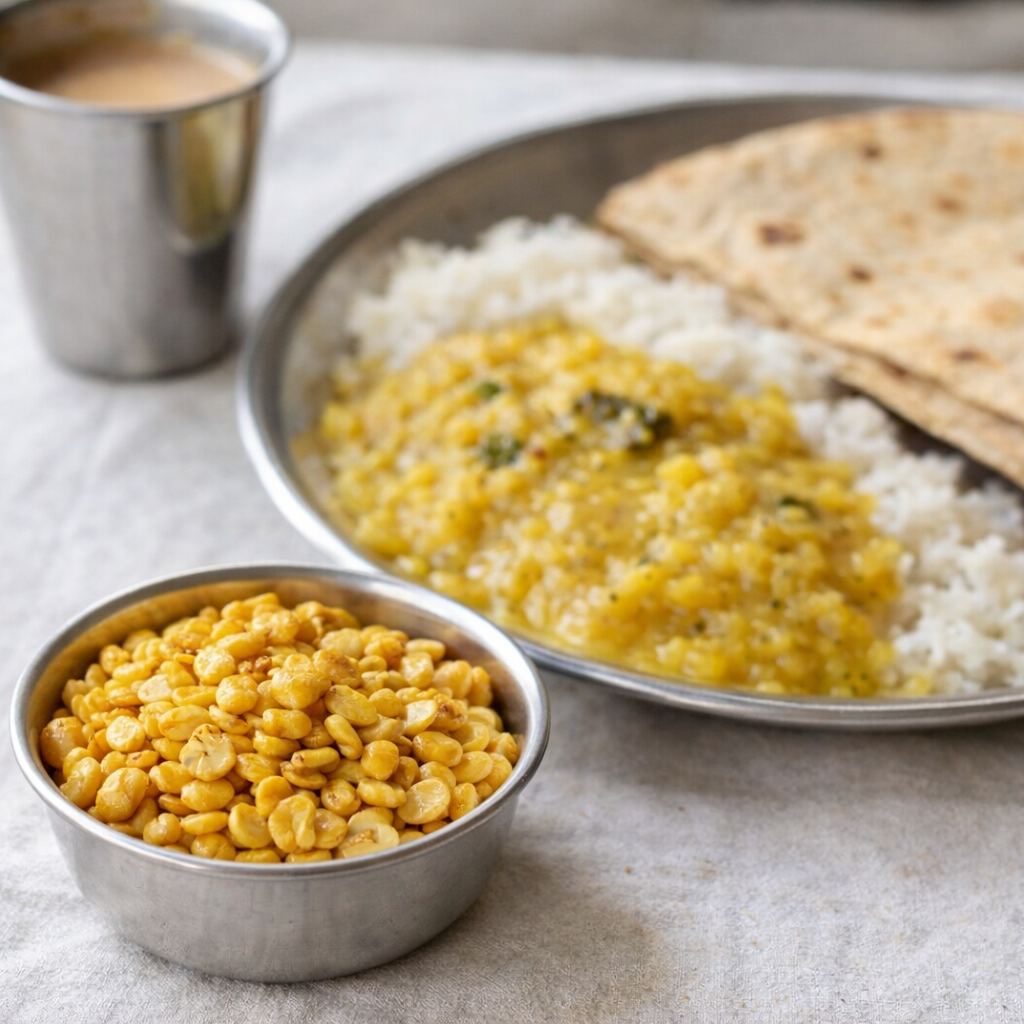 Dish with yellow lentils, rice, and flatbread on a light surface