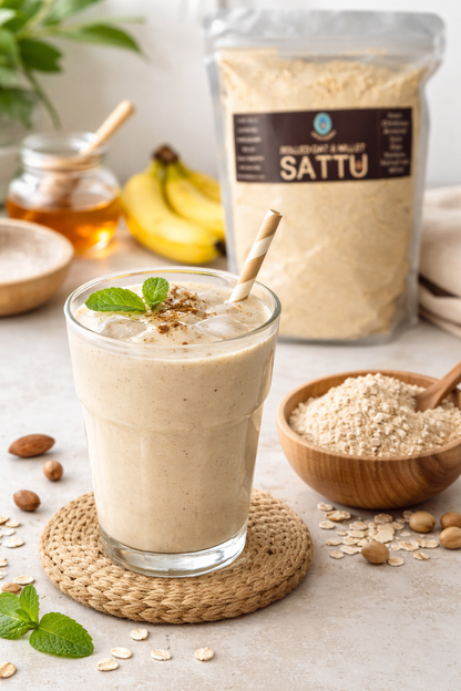 Glass of a creamy beverage with ingredients like bananas, honey, and a container labeled 'SATTU' on a light surface.