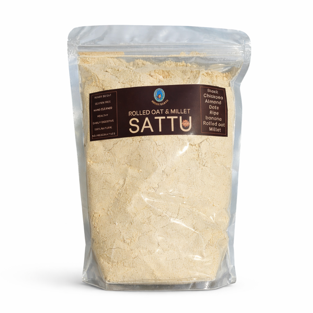 Packaged product labeled 'Rolled Oat & Millet Sattu' on a white background