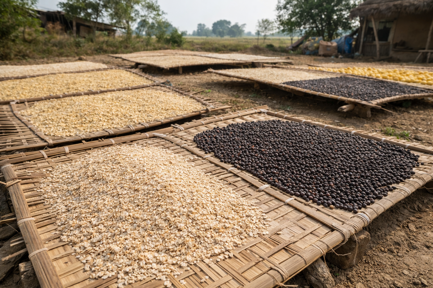 Drying beans on woven trays outdoors