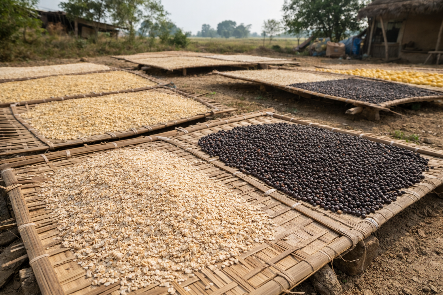 Drying beans on woven trays outdoors