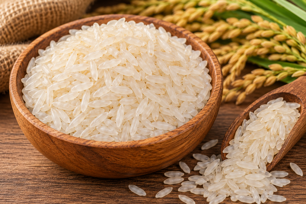 Rice grains in a wooden bowl with a wooden spoon.