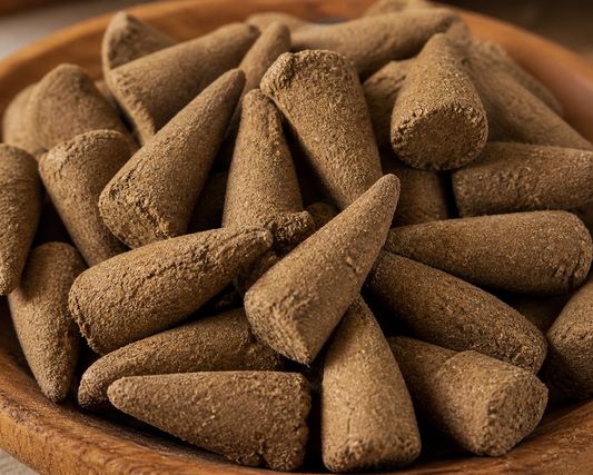 Conical incense sticks in a wooden bowl